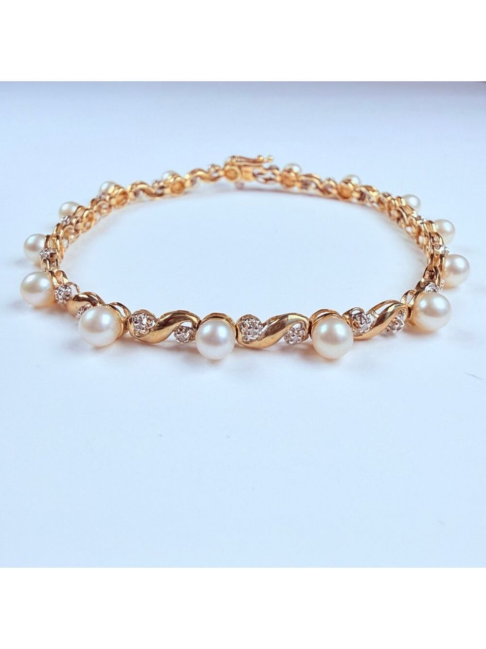 10K Solid Two Tone Gold Genuine Diamond & 4.5MM Pearl Vintage Tennis Bracelet